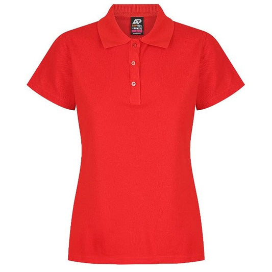 A red Aussie Pacific N2312 Hunter ladies polo shirt with a collar, short sleeves, and button-up neck - Front
