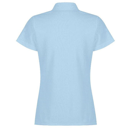 A sky blue coloured Aussie Pacific N2312 Hunter ladies polo shirt with short sleeves and a collar - Back view