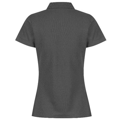 A slate coloured Aussie Pacific N2312 Hunter ladies polo shirt with short sleeves, collar, and three button placket - back view