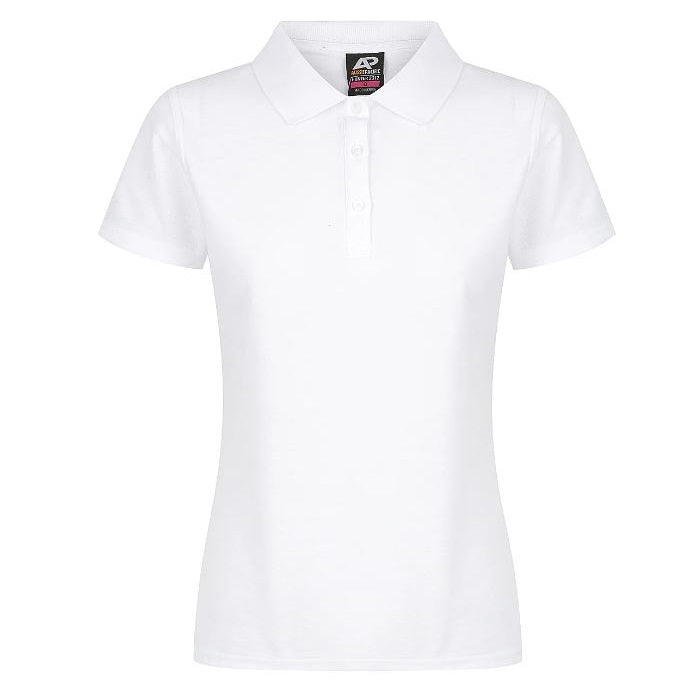 A white Aussie Pacific N2312 Hunter Ladies Polo shirt with a collar, short sleeves, and a front button placket. - Front view