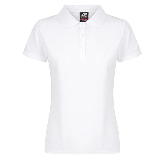 A white Aussie Pacific N2312 Hunter Ladies Polo shirt with a collar, short sleeves, and a front button placket. - Front view