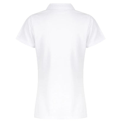 A white Aussie Pacific N2312 Hunter Ladies Polo shirt with a collar, short sleeves, and a front button placket. - Back view