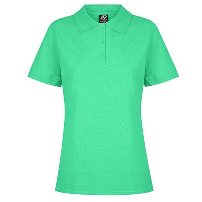 A green Aussie Pacific Claremont ladies polo shirt with a knitted collar, short sleeves, and side splits. - Front view