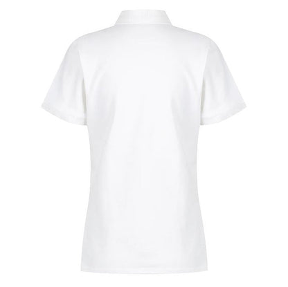 A white Aussie Pacific Claremont ladies polo shirt with a knitted collar, short sleeves, and side vents. - Back view