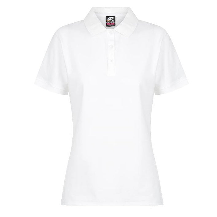 A white Aussie Pacific Claremont ladies polo shirt with a knitted collar, short sleeves, and side vents. - Front view