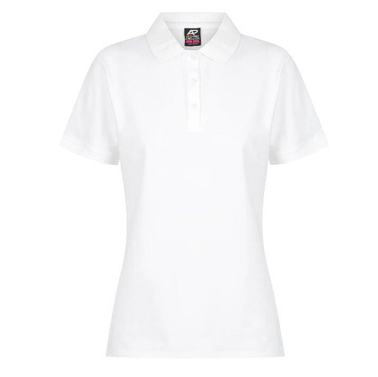 A white Aussie Pacific Claremont ladies polo shirt with a knitted collar, short sleeves, and side vents. - Front view