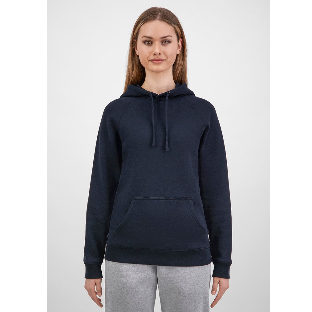 Woman wearing a navy blue hoodie on a white background