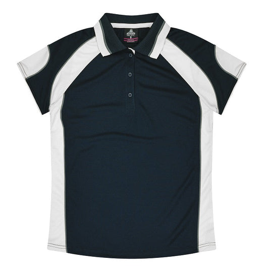 Womens navy with white side contrasting pannels button down waffle collar Aussie Pacific N2300 Murray Ladies Polo