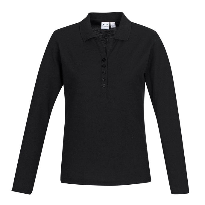 Black workwear womens button down easy iron Biz Collection P400LL Crew Ladies Long Sleeve Polo