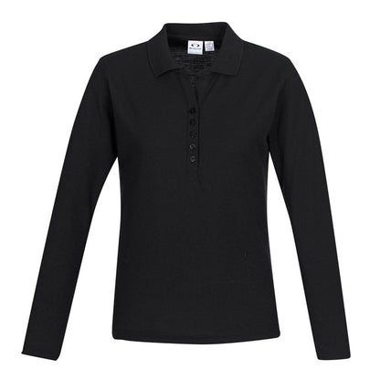 Black workwear womens button down easy iron Biz Collection P400LL Crew Ladies Long Sleeve Polo