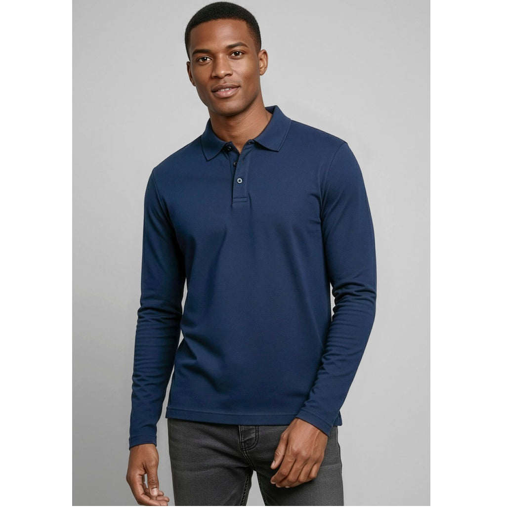 Biz Collection P400ML Crew Mens Long Sleeve Polo - Navy - Alternative Front View