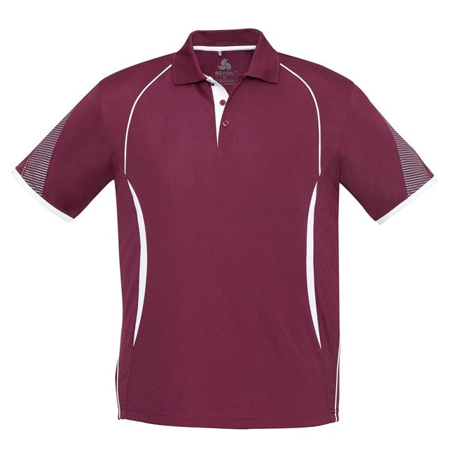Mens maroon and white quick drying button down Biz Collection P405MS Razor Mens Polo shirt