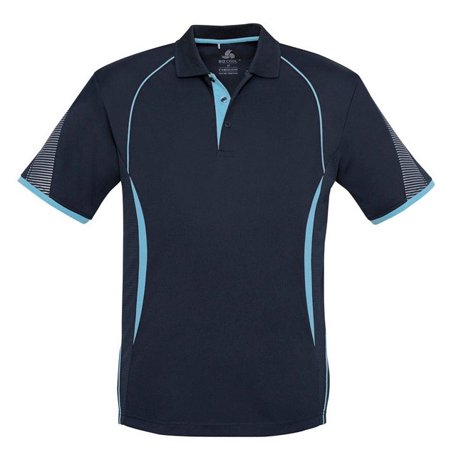 mens navy blue with light blue piping striped mesh ventilation panels modern fit breathable Biz Collection P405MS Razor Mens sports Polo