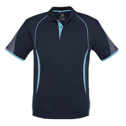 mens navy blue with light blue piping striped mesh ventilation panels modern fit breathable Biz Collection P405MS Razor Mens sports Polo