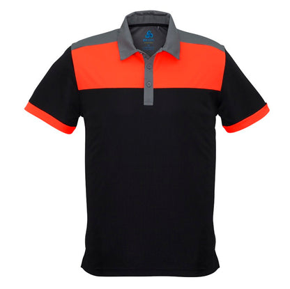 Mens orange black and grey modern fit cooling fabric Biz Collection P500MS Mens Charger Polo sports shirt with upf rating