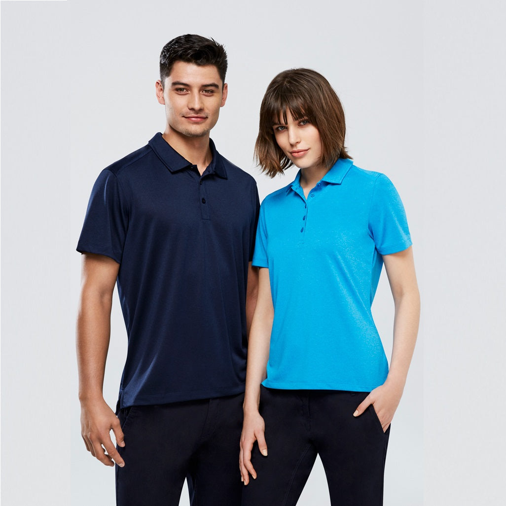 A man and a woman standing next to each other, wearing polos. The man is in a navy color polo, and the woman is in a blue color polo, both are in a collar style with short sleeves.