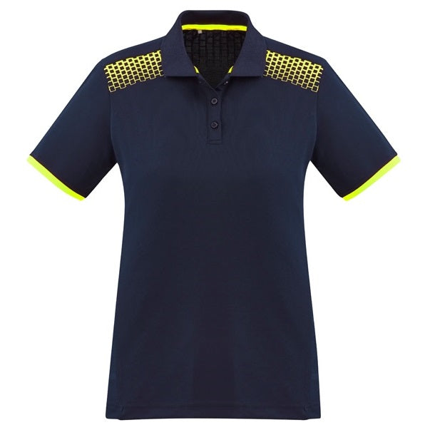 Biz Collection P900LS Galaxy Ladies Polo - Navy/Fluoro Yellow - Front View