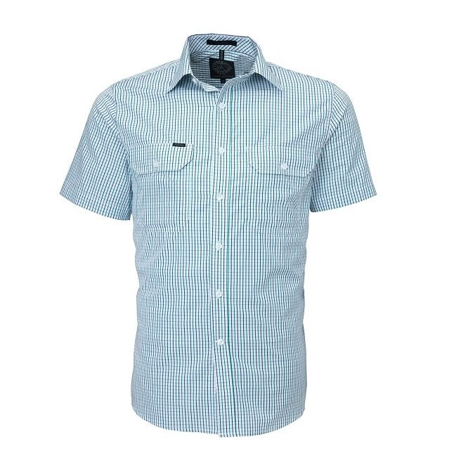 Pilbara RMPC011S Mens Front Flap Dual Pocket Classic Fit Short Sleeve Shirt - Emerald/Navy/White - Front View