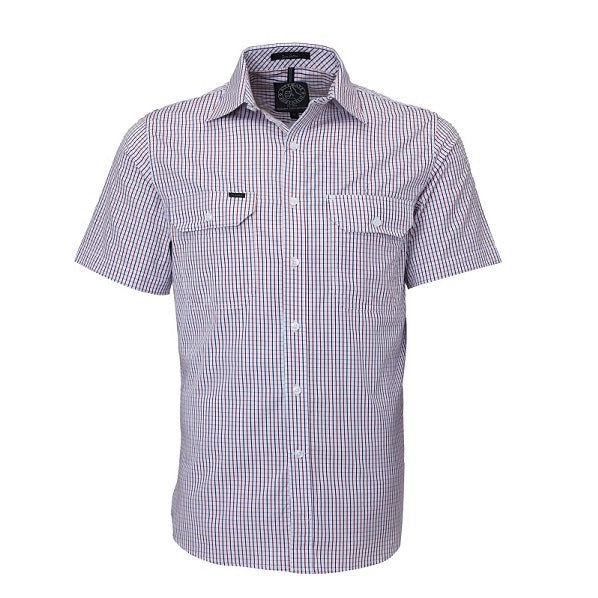 Pilbara RMPC011S Mens Front Flap Dual Pocket Classic Fit Short Sleeve Shirt - Red/Navy/White - Front View