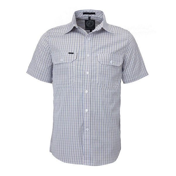 Pilbara RMPC011S Mens Front Flap Dual Pocket Classic Fit Short Sleeve Shirt - Safari/Navy/White - Front View