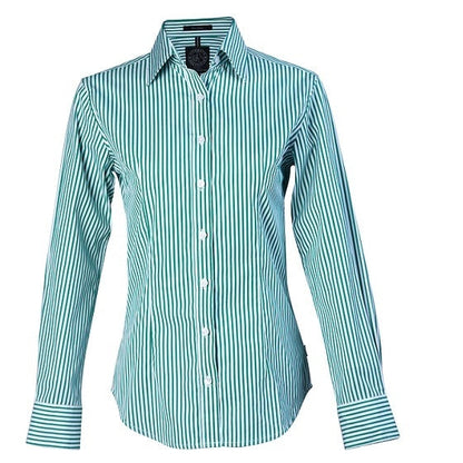 Pilbara RMPC013 Women's L/S Stripe Shirt in colours Emerald/White stripes - Front view