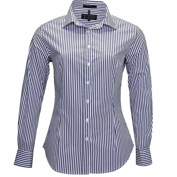 Pilbara RMPC013 Ladies Long Sleeve Stripe Shirt - Navy/White - Front View