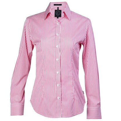 A lPilbara long sleeve stripe shirt for women, with a classic fit and tapered design. The shirt has a striped pattern with varying shades of pink and white.