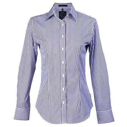 Pilbara RMPC013 Women's L/S Stripe Shirt in colours Purple/White stripes - Front view
