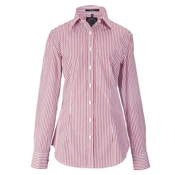 A long-sleeve striped work shirt for women, with a classic fit and tapered design. The shirt has a striped pattern with varying shades of pink and white.