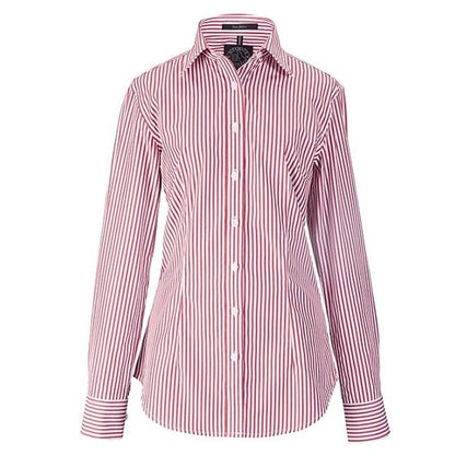 A long-sleeve striped work shirt for women, with a classic fit and tapered design. The shirt has a striped pattern with varying shades of pink and white.