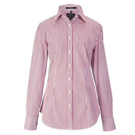 A long-sleeve striped work shirt for women, with a classic fit and tapered design. The shirt has a striped pattern with varying shades of pink and white.