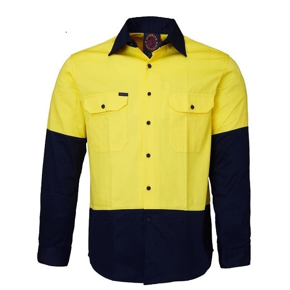 Ritemate RM1050 HiVis Long Sleeve Shirt - Yellow/Navy - Front View