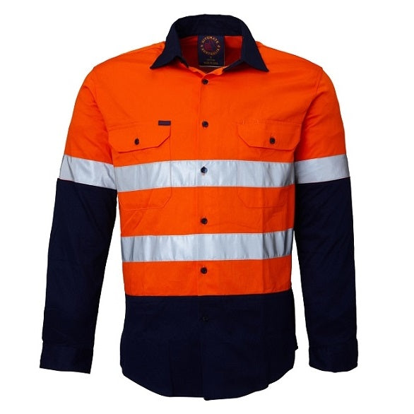Ritemate RM1050R HiVis Long Sleeve Shirt - Orange/Navy - Front View