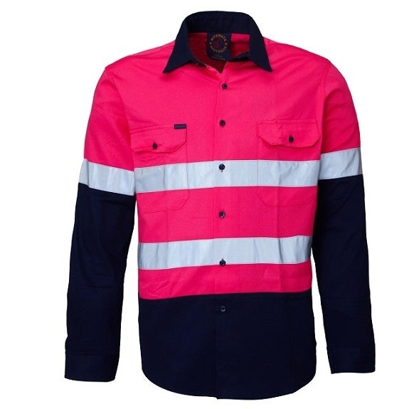Ritemate RM1050R HiVis Long Sleeve Shirt - Pink/Navy - Front View