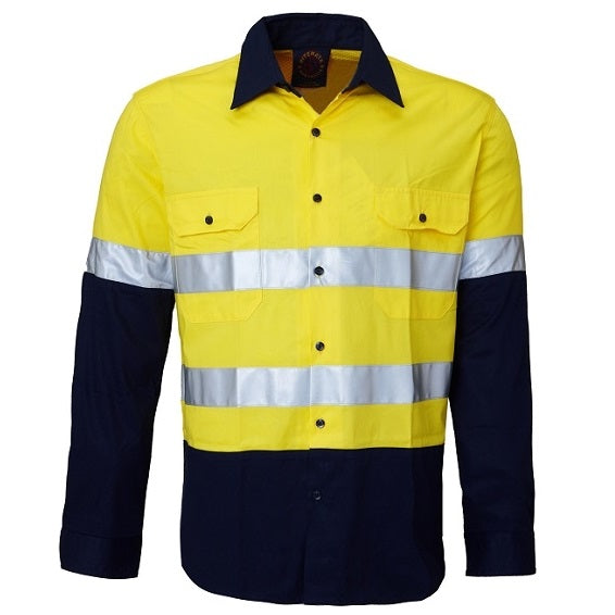 Ritemate RM1050R HiVis Long Sleeve Shirt - Yellow/Navy - Front View