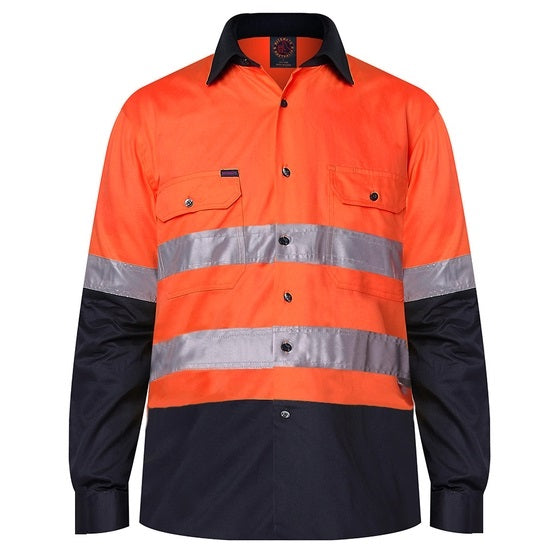 Ritemate RM1050R HiVis Long Sleeve Shirt - Orange/Navy - Front View