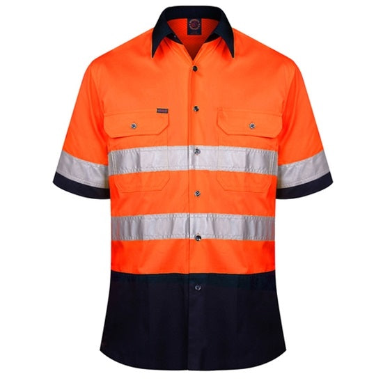 Ritemate RM1050RS 2 Tone Open Front Shirt S/S 50MM Reflective Tape - Orange/Navy - Front View