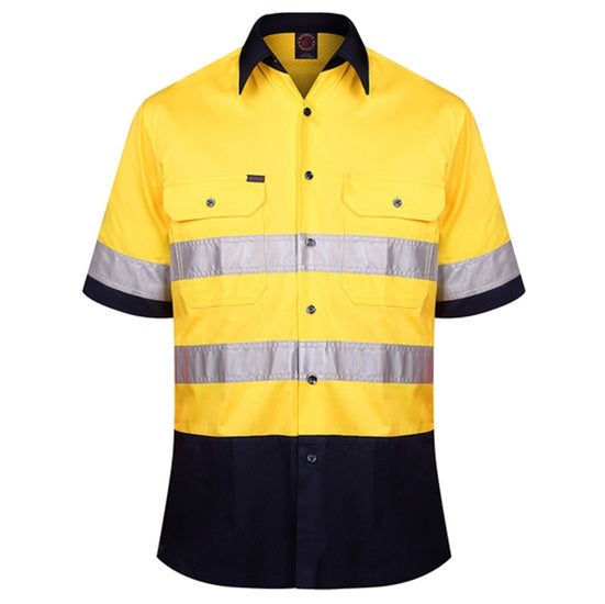 Ritemate RM1050RS 2 Tone Open Front Shirt S/S 50MM Reflective Tape - Yellow/Navy - Front View