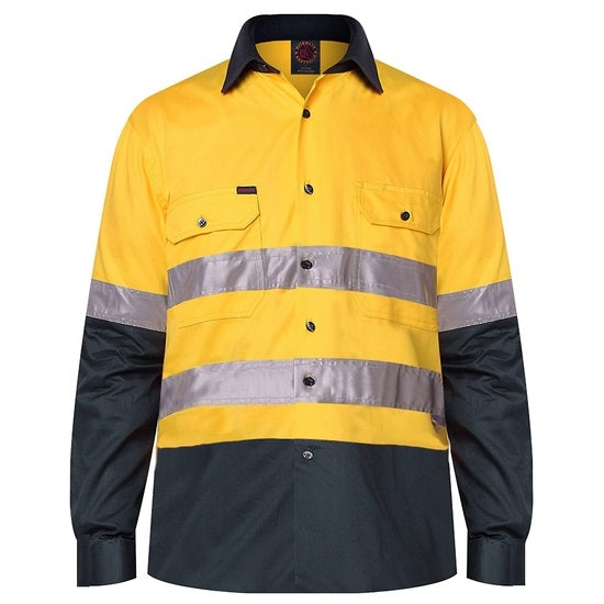 Ritemate RM1050R HiVis Long Sleeve Shirt - Yellow/Bottle - Front View