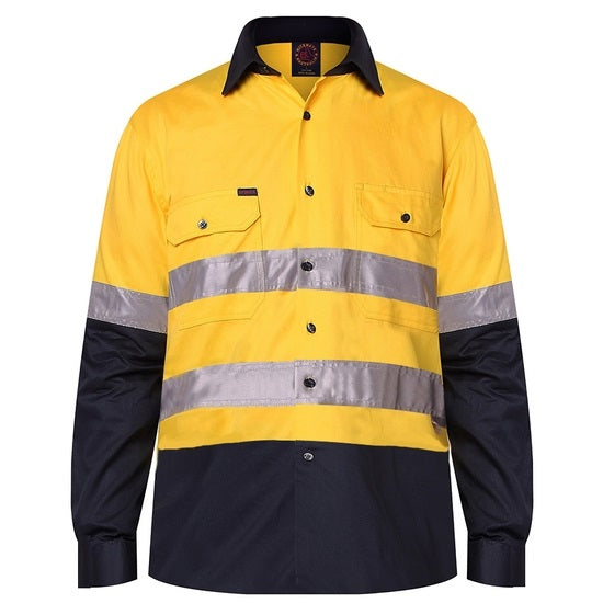 Ritemate RM1050R HiVis Long Sleeve Shirt - Yellow/Navy - Front View