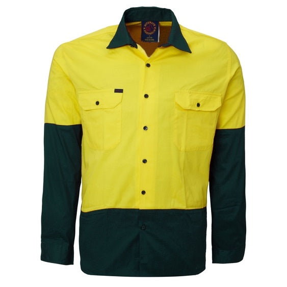 Ritemate RM1050 HiVis Long Sleeve Shirt - Yellow/Bottle - Front View