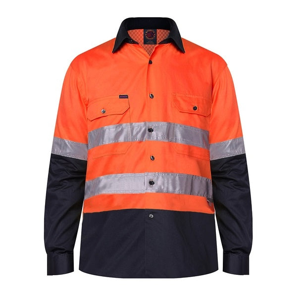 Ritemate RM107V2R Taped Vented High Vis Lightweight Long Sleeve Shirt - Orange/Navy - Front View