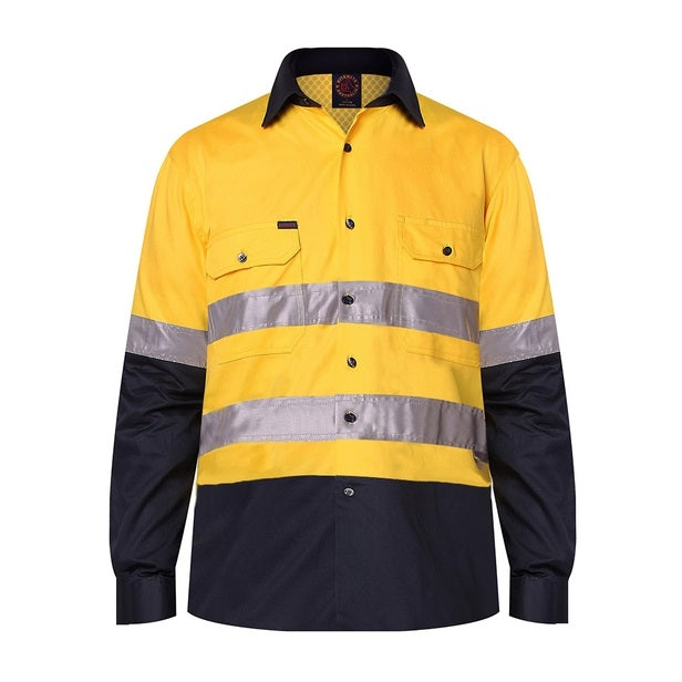 Ritemate RM107V2R Taped Vented High Vis Lightweight Long Sleeve Shirt - Yellow/Navy - Front View