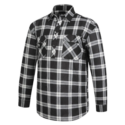 Black and grey plaid  button down Pilbara RM123SCF Closed Front Flannelette Shirt