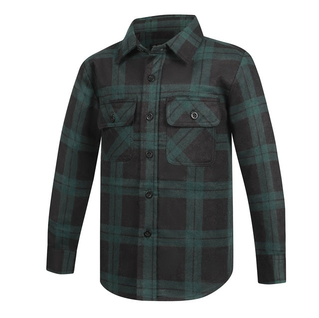 Pilbara RM123SKO Childrens Open Front Flannelette Shirt Green and Black Check pattern