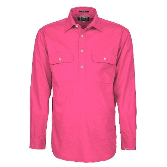 Pilbara RM200CF Mens Pilbara Closed Front Long Sleeve Shirt - Hot Pink - Front View