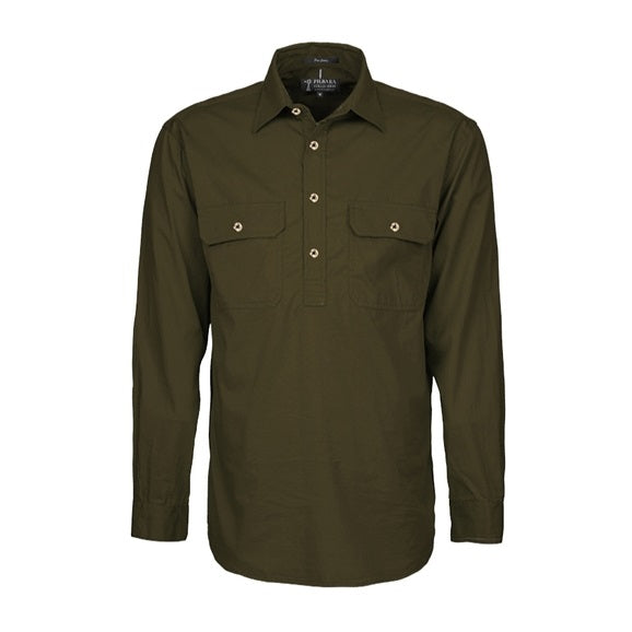 Pilbara RM200CF Mens Pilbara Closed Front Long Sleeve Shirt - Olive - Front View