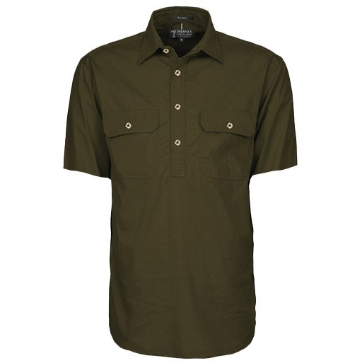 Pilbara RM200CFS Mens Closed Front Short Sleeve Lightweight Shirt - Olive - Front View
