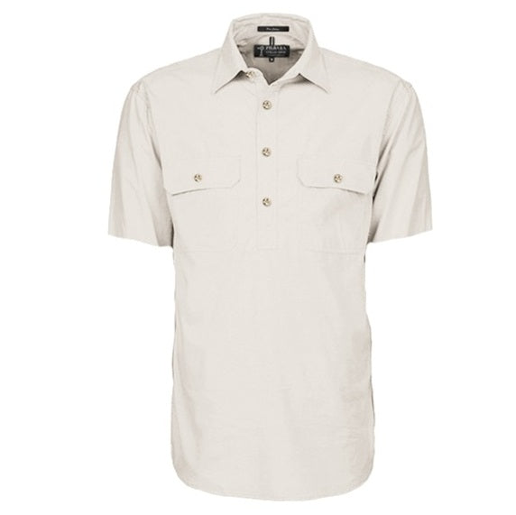 Pilbara RM200CFS Mens Closed Front Short Sleeve Lightweight Shirt - Stone - Front View