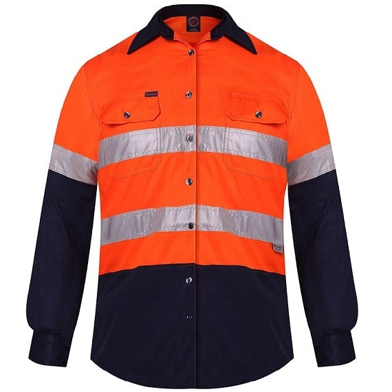 Ritemate RM208V2R Ladies 2-Tone Vented Lightweight Open Front - Orange/Navy - Front View